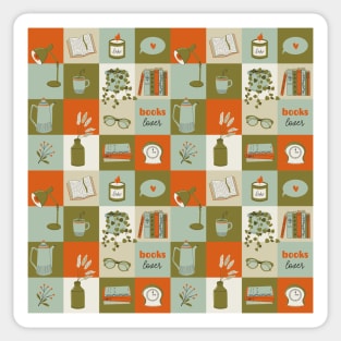 Abstract geometric pattern with books and cozy home elements Sticker